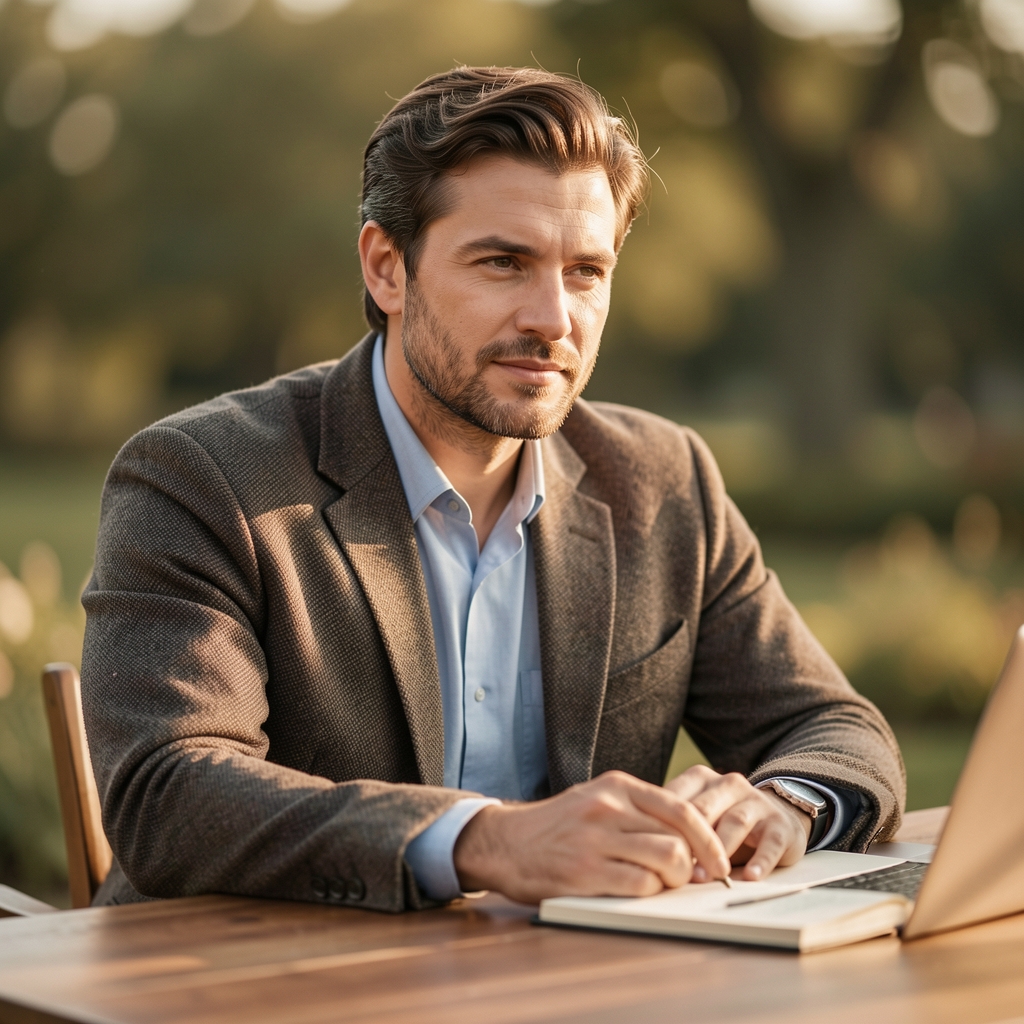 Male editorial portrait, warm natural light, thoughtful expression, writer at wooden desk