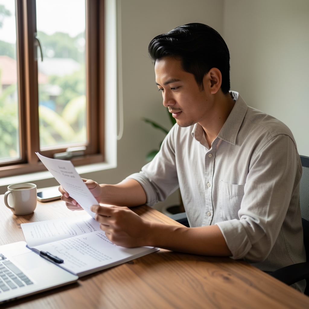 Active man at a wooden desk reviewing nutrition notes in natural morning light, Jakarta editorial setting